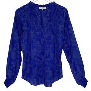 Hale Bob Bright Blue Paisley Floral Embroidered Long Sleeve Shirt L Button Front